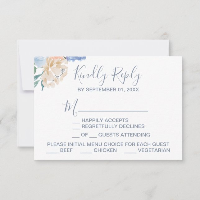 Dusty Blue Florals Menü Auswahl RSVP Karte (Vorderseite)