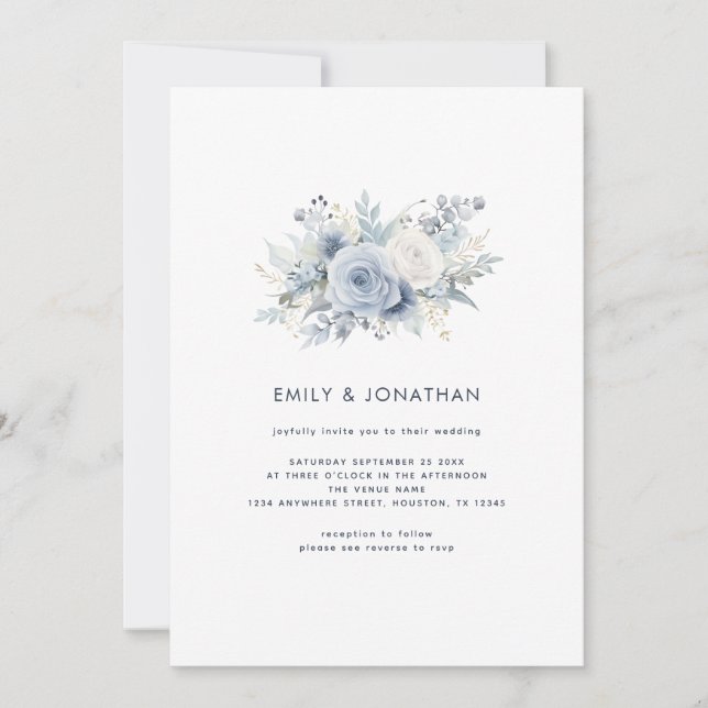Dusty Blue Florals Navy Text QR Code Hochzeit Einladung (Vorderseite)