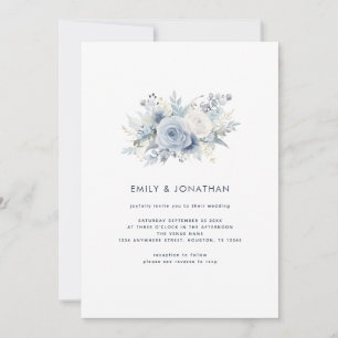 Dusty Blue Florals Navy Text QR Code Hochzeit Einladung