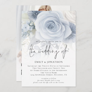 Dusty Blue Florals Overlay Foto QR Code Wedding Einladung