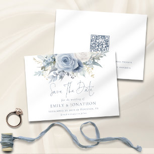 Dusty Blue Florals QR Code Blue Lettering Wedding Save The Date