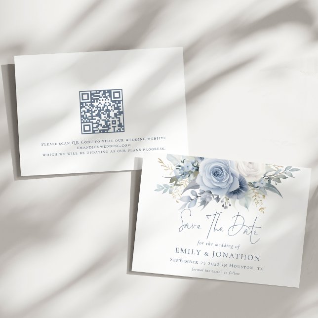Dusty Blue Florals QR Code Blue Writing Wedding Save The Date (Front and back view)