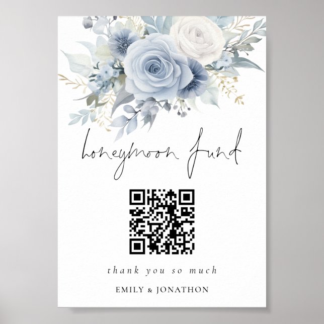 Dusty Blue Florals QR Code Honeymoon Fund Wedding Poster (Vorne)
