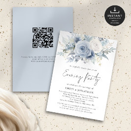 Dusty Blue Florals QR Code Wedding Abend Party Einladung