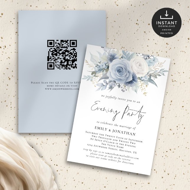 Dusty Blue Florals QR Code Wedding Abend Party Einladung (Front and back view)