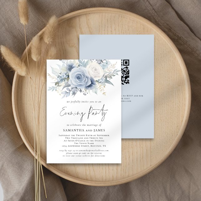 Dusty Blue Florals QR Code Wedding Abend Party Einladung (Front and back view)