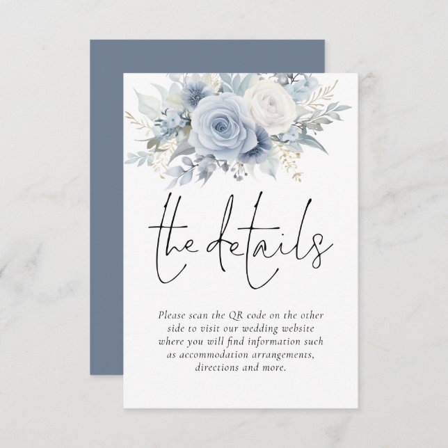 Dusty Blue Florals QR Code Wedding Details Begleitkarte (Vorne/Hinten)