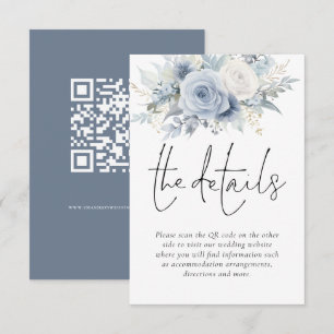 Dusty Blue Florals QR Code Wedding Details Begleitkarte