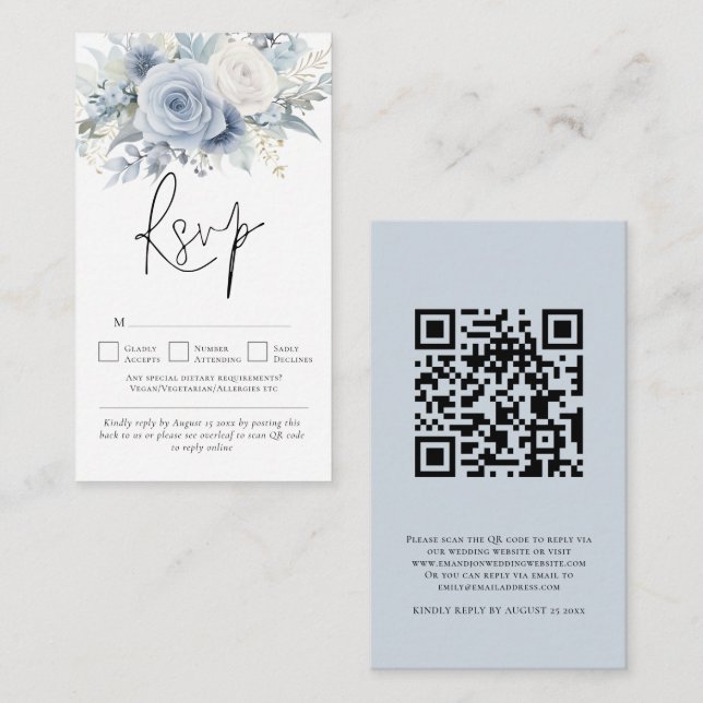 Dusty Blue Florals QR Code Wedding RSVP Begleitkarte (Vorne/Hinten)