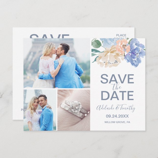 Dusty Blue Florals Save the Date 3 Foto Postkarte (Vorne/Hinten)