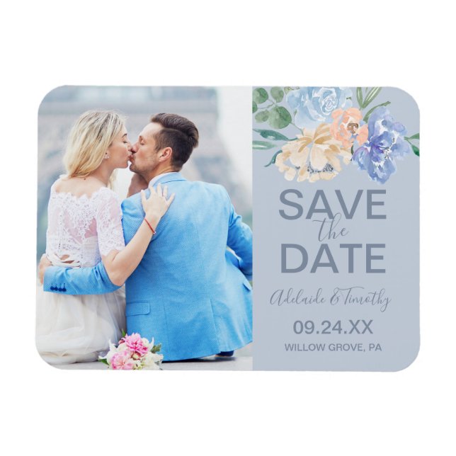 Dusty Blue Florals | Schiefer Foto Save the Date Magnet (Horizontal)