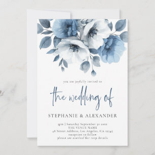 Dusty Blue Florals Script QR Code Wedding Einladung