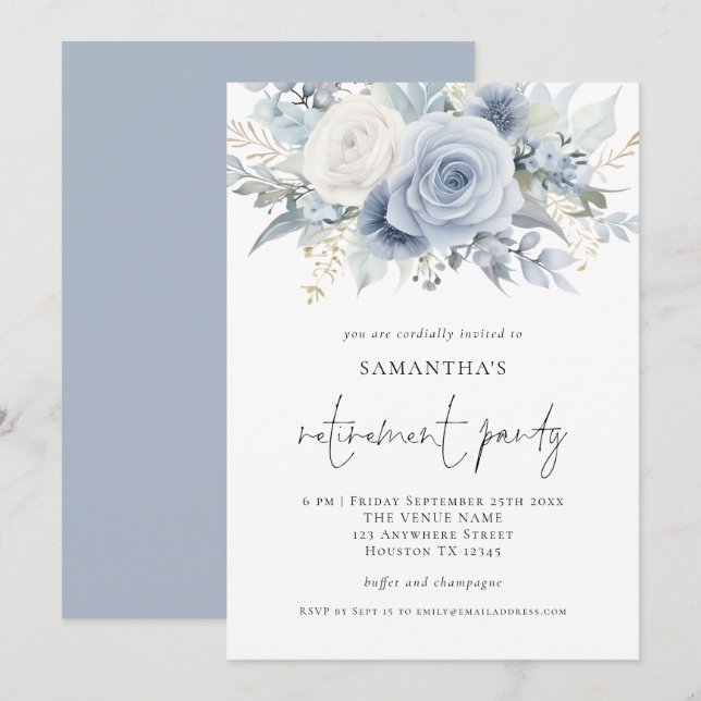 Dusty Blue Florals Script Retirement Party Einladu Einladung (Vorne/Hinten)