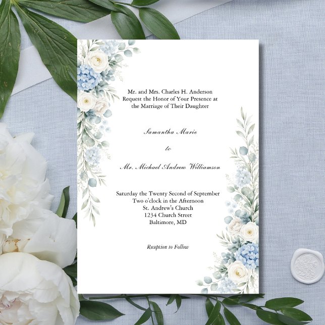 Dusty Blue Florals Traditional Church Wedding Einladung (Dusty Blue Cream Florals Watercolor Flowers Traditional Classic Church Wedding Invitation)