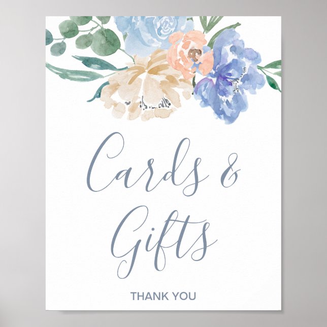 Dusty Blue Florals Wedding Cards and Gifts Sign Poster (Vorne)
