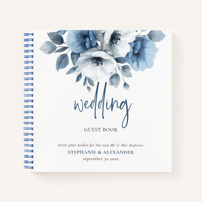 Dusty Blue Florals Wedding Guest Book Notizbuch (Vorderseite)