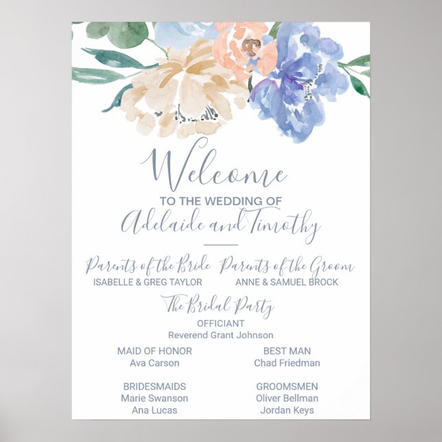 Dusty Blue Florals Wedding Program Poster (Vorne)