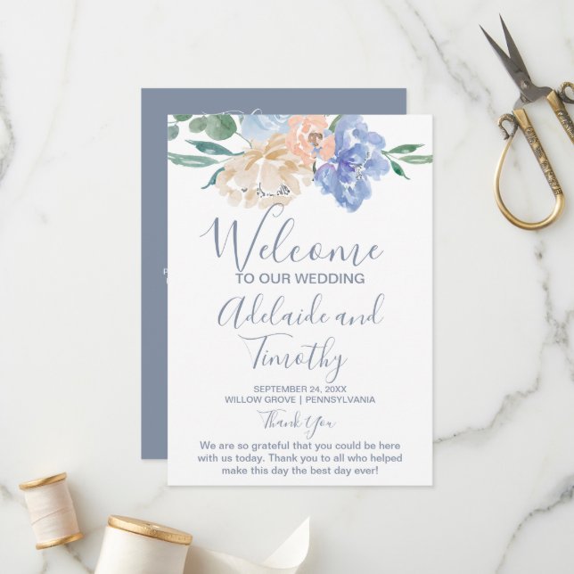 Dusty Blue Florals Wedding Programm (Vorderseite/Rückseite Beispiel)