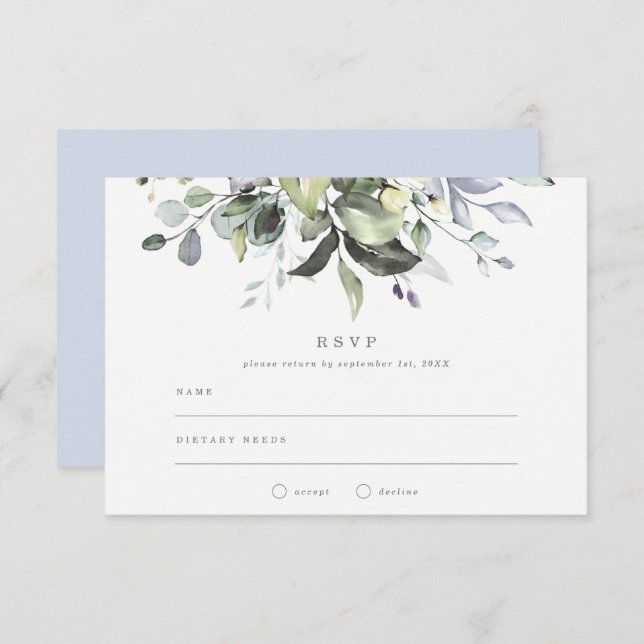 Dusty Blue Florals Wedding RSVP Einladung (Vorne/Hinten)