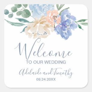 Dusty Blue Florals Wedding Willkommen Quadratischer Aufkleber