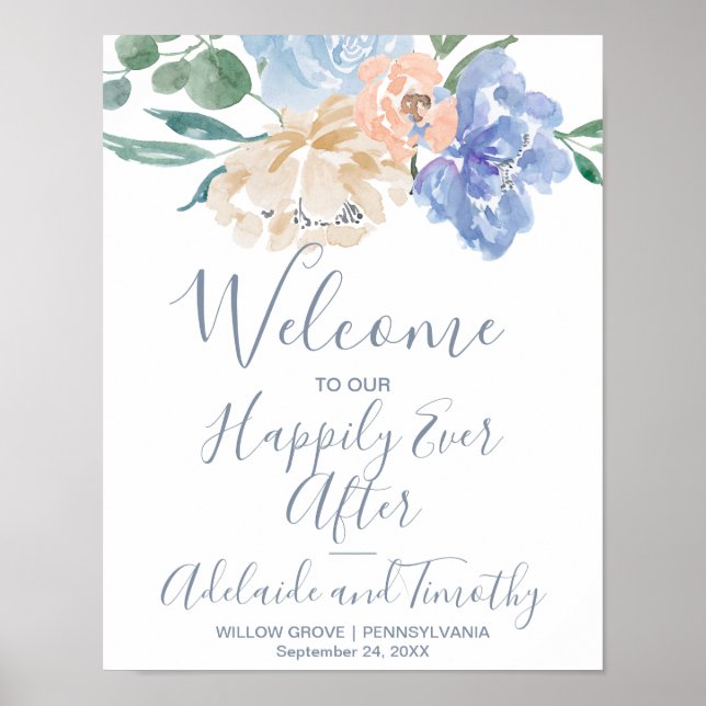 Dusty Blue Florals Welcome Wedding Poster (Vorne)