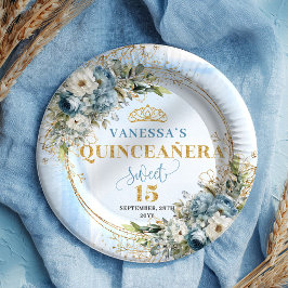 Dusty Blue Flowers Greenery Gold Quince Plates Pappteller