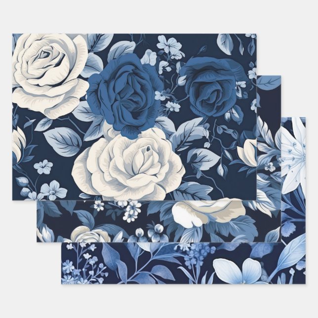 Dusty Blue Flowers Navy Geschenkpapier Set (Set)
