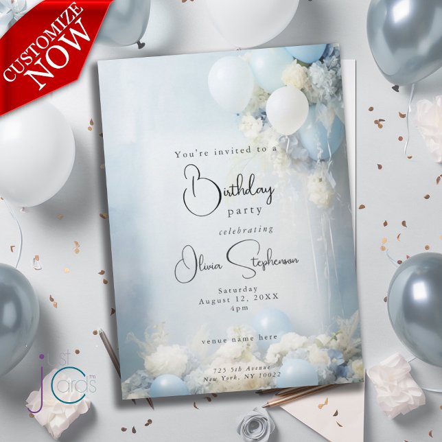 Dusty Blue Flowers und Balloons QR Geburtstag Einladung (Easily customized text )