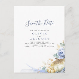 Dusty Blue Flowers und Pumpkins Save the Date Ankündigungspostkarte