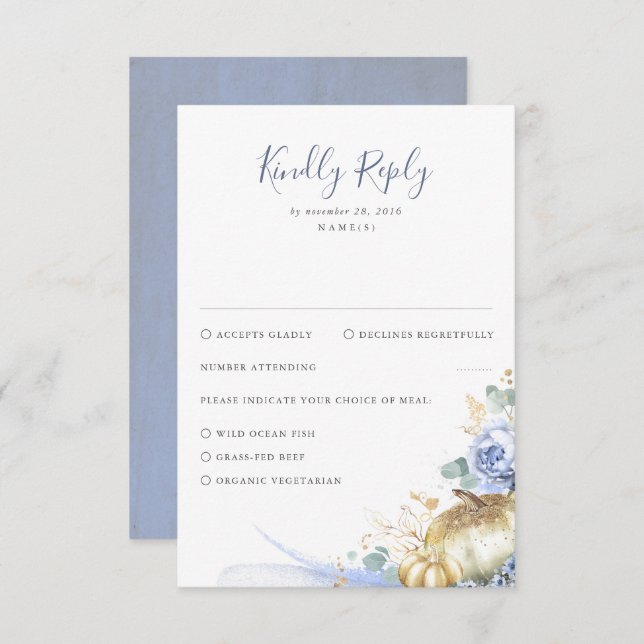 Dusty Blue Flowers und Pumpkins Wedding RSVP Karte (Vorne/Hinten)