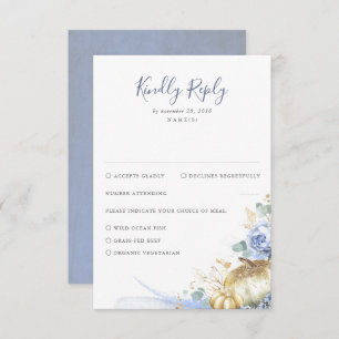 Dusty Blue Flowers und Pumpkins Wedding RSVP Karte