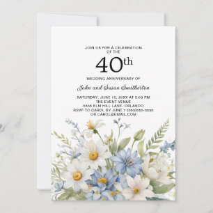 Dusty Blue Flowers White Daisies 40 Jahre Einladung