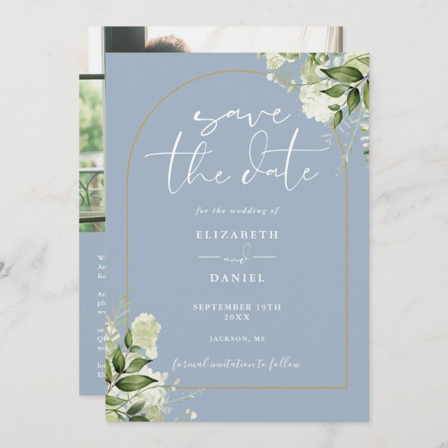 Dusty Blue Foliage Gold Arch Foto QR Code Wedding Save The Date (Vorne/Hinten)