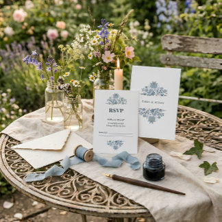Dusty Blue Folk Floral Wedding RSVP Karte