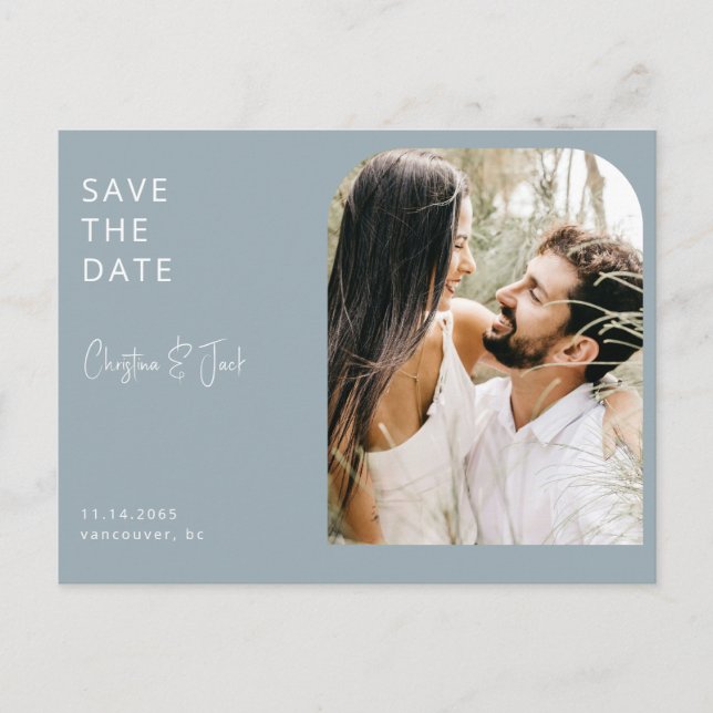 Dusty Blue Foto Arch Wedding Save the Date Postkarte (Vorderseite)