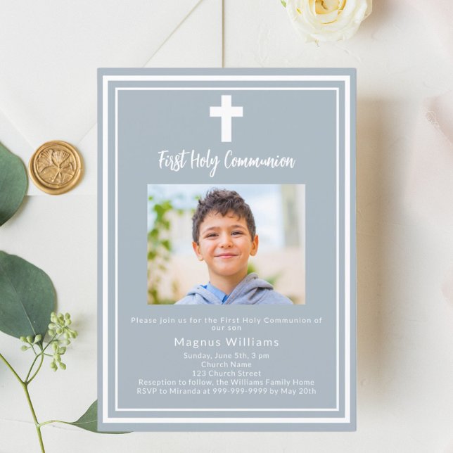 Dusty blue Foto boy First Holy Communion Einladung (Von Creator hochgeladen)