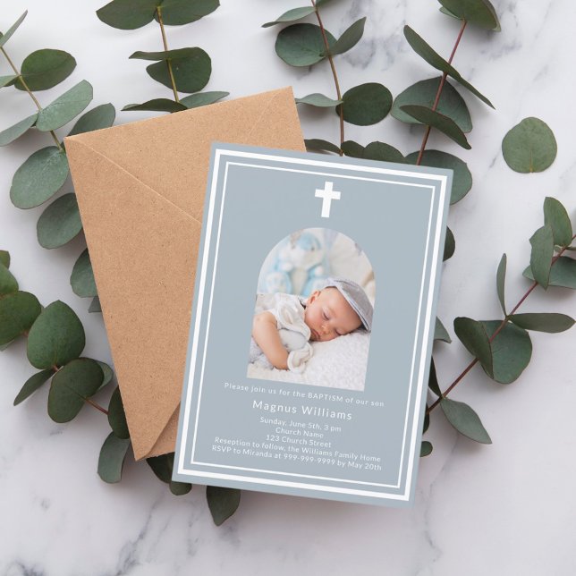 Dusty Blue Foto Boy Taufe Einladung (Von Creator hochgeladen)