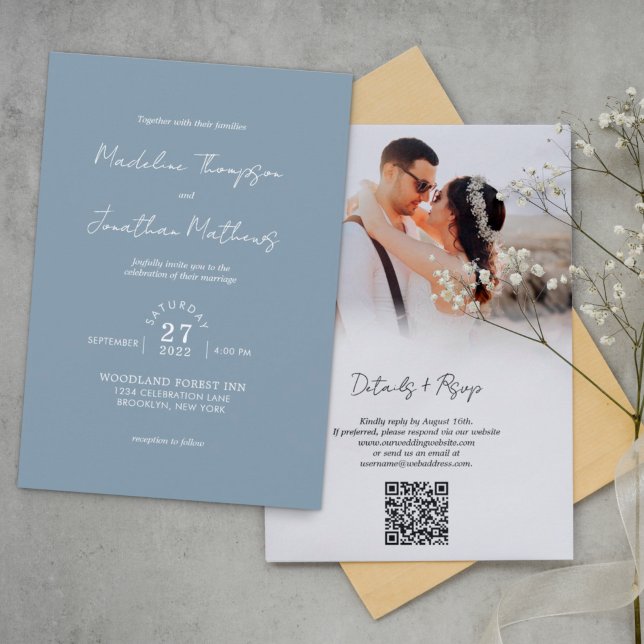 Dusty Blue Foto Budget Hochzeit QR Code UAwg Einladung (Von Creator hochgeladen)