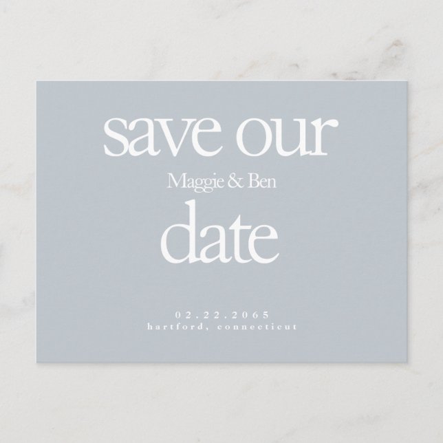Dusty Blue Foto Modernes Save the Date Postkarte (Vorderseite)