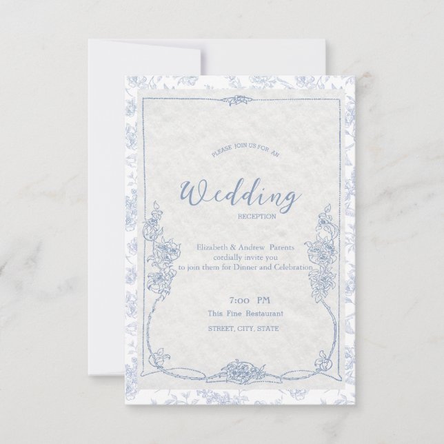  Dusty Blue French Floral Toile Wedding Einladung (Vorderseite)