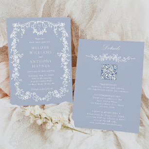 Dusty Blue French Floral Wedding All in One Einladung