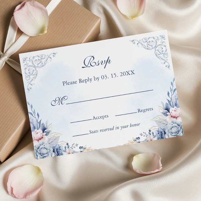 Dusty Blue French Garden Floral Wedding RSVP Karte (Von Creator hochgeladen)