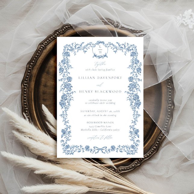 Dusty Blue French Toile Floral Bow Frame Wedding Einladung (dusty blue wedding invitation toile de jouy chinoiserie french vintage floral frame formal tradition)