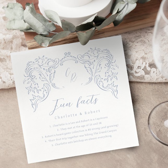 Dusty Blue Fun Fakten Vintag Geblüht Monogramm Serviette (Dusty Blue Fun Facts Vintage Flourish Monogram Napkins)