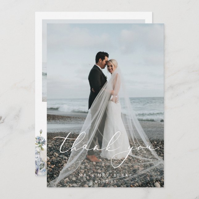 Dusty Blue Garden Floral Wedding Foto Dankeskarte (Vorne/Hinten)