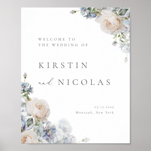 Dusty Blue Garden Floral Wedding Willkommen Poster (Vorne)