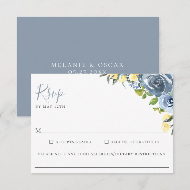Dusty Blue Gelb Floral Wedding Food Allergie UAWG RSVP Karte (Vorne/Hinten)