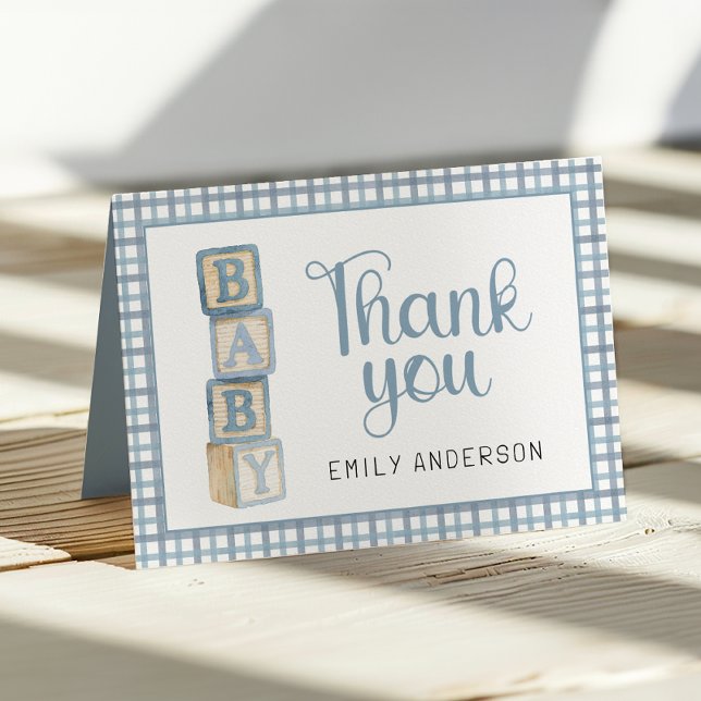 Dusty Blue Gingham Baby Thank You Card | Blocks Dankeskarte (Thank You Card)