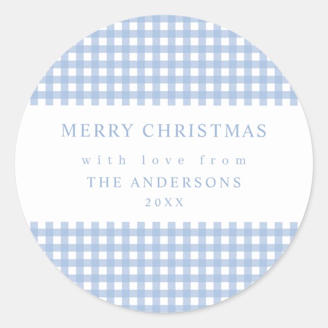Dusty Blue Gingham Christmas Runder Aufkleber (Vorderseite)
