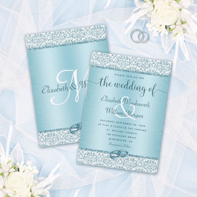 Dusty Blue Glitzer Monogram Wedding Einladung (Von Creator hochgeladen)